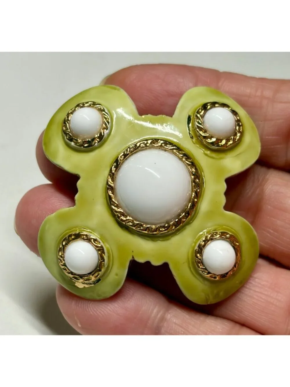 Hobe Gold-Plated Green Enamel Brooch With White Cabochons 2